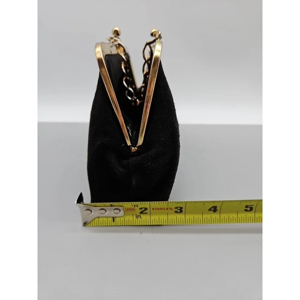 Vintage Black Suede Kiss Lock Evening Clutch Gold Studded Chain Strap Bag